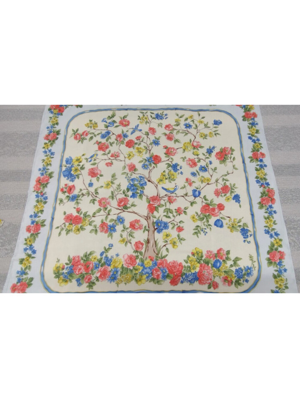 Vintage Stunning Tree of Life SILK SQUARE SCARF Blue Birds Roses Yellow Flowers